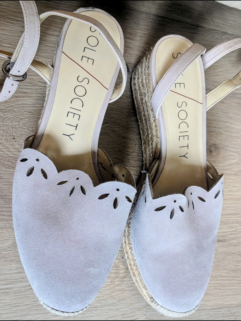Sole Society Women's Grey/Taupe Espadrille Ankle Wrap Lazer Cut Wedges